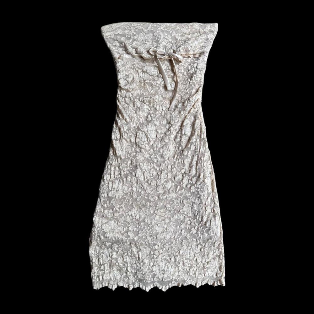 Y2K ethereal cream lace strapless mini dress with bow detail L